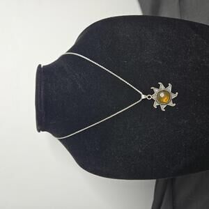 Mexican Amber Sun Pendant Sterling Silver Mexico w 925 18" Italy Chain Vintage